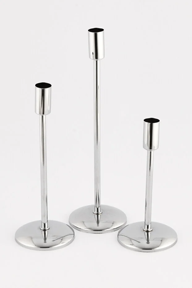 Gianno Dekoratif Düz Tij Mumluk 3 Lü Takım Gold-Gümüş